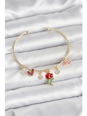 Pileli Store Pilelistore  Gül Charmlı Gold Renk Pirinç Kadın Bileklik
