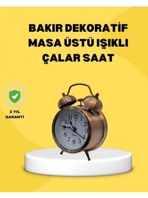 Pileli Store Pilelistore  Dekoratif Bronz Renk Metal Alarmlı Masa Üstü Saat Klasik Tasarım