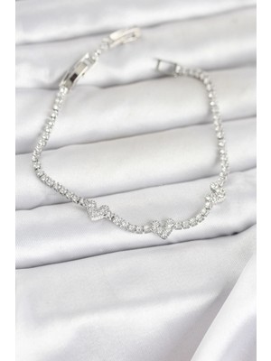 Pileli Store Pilelistore  Pirinç Gümüş Renk Kalp Model Zirkon Taşlı Su Yolu Kadın Bileklik