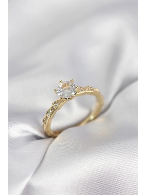 Pileli Store Pilelistore  Gold Renk Zirkon Taşlı Tek Taş Model Kadın Yüzük