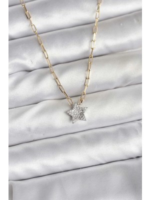 Pileli Store Pilelistore  Pirinç Gold Renk Zincirli Zirkon Taşlı Minimal Yıldız Model Kadın Kolye