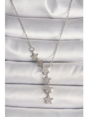Pileli Store Pilelistore  316L Çelik Gümüş Renk Zincir Zirkon Taşlı Yıldız Model Kadın Kolye