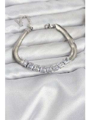 Pileli Store Pilelistore  316L Çelik Gümüş Renk Kare Zirkon Taşlı Yılan Zincirli Kadın Bileklik