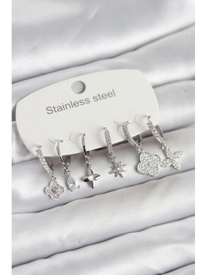 Pileli Store Pilelistore 316L Çelik Gümüş Renk 6'lı Set Yonca Model Kadın Küpe - TJ-BKP11744