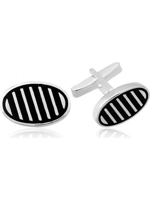 Pileli Store 925 Ayar Gümüş Çapraz Çizgili Oval Kol Düğmesi T4660 (72)