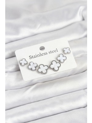 Pileli Store Pilelistore  316L Çelik Gümüş Beyaz Renk 3 Boy Yonca Küpe Seti