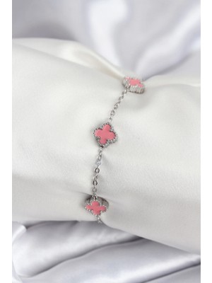 Pileli Store Pilelistore  316L Çelik Gümüş Renk Pembe Baby Boy Yonca Kadın Bileklik