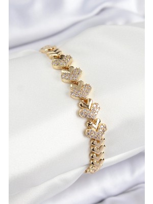 Pileli Store Tegan Pirinç Zirkon Taşlı Kalp Model Gold Renk Kadın Bileklik TG27BB7901
