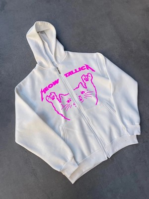 Pileli Store Kışlık Baskılı Fermuarlı Kapüşonlu Hırka - Beyaz
