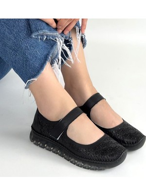 SEPET365 Sina Siyah Deri Cırt Cırtlı Babet Ayakkabı