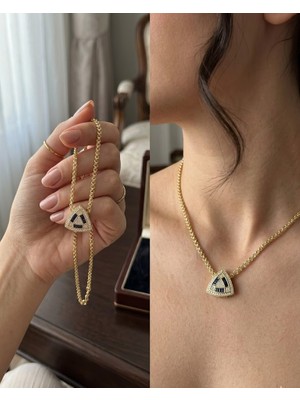 Gmn Collection Trapez Taşlı Coline Model Altın Kaplama Üçgen Kolye