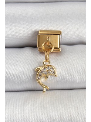 Pileli Store Pilelistore  316L Çelik Sallantılı Zirkon Taşlı Yunus Balığı Model Gold Renk Nomination Charm