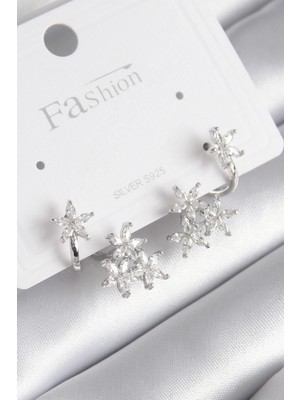 Pileli Store Pilelistore  Pirinç Gümüş Renk Zirkon Taşlı Çiçek Tasarım Kadın Küpe