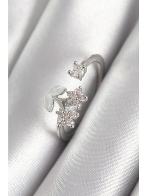 Pileli Store Pilelistore  Pirinç Gümüş Renk Zirkon Taşlı Çiçek Model Kadın Yüzük