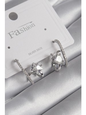 Pileli Store Pilelistore  Pirinç Gümüş Renk Zirkon Taşlı Kadın Küpe