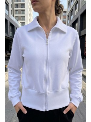 Evavi Kadın Beyaz Fermuarlı Yakalı Sweatshirt