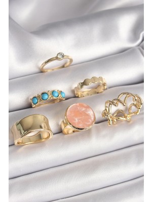 Pileli Store Pilelistore  Pirinç Gold Renk Daire Pembe Mineli Zirkon Taş Detaylı 6'lı Kadın Yüzük Seti
