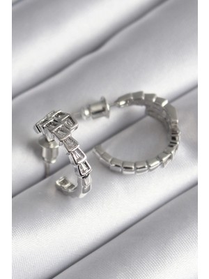 Pileli Store Pilelistore  Pirinç Gümüş Renk Zirkon Taşlı Yılan Model Kadın Küpe