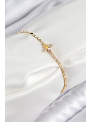 Pileli Store Pilelistore  Pirinç Zirkon Taşlı Arı Model Ezme Zincir Gold Renk Kadın Bileklik