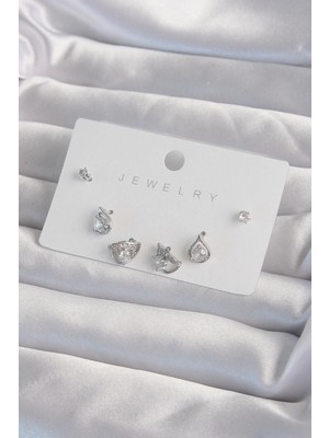 Pileli Store Pilelistore  Pirinç Gümüş Renk Zirkon Taşlı Damla Model Küpe Seti