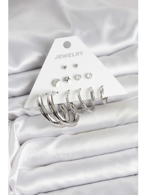 Pileli Store Pilelistore  Pirinç Gümüş Renk Halka Modelli 6 Çift Kadın Küpe