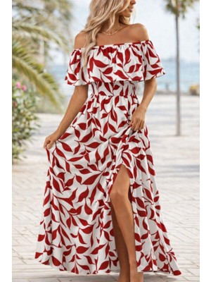 Kadın Madonna Yaka Göğüs Lastikli Yırtmaçlı Uzun Desenli Süprem Elbise