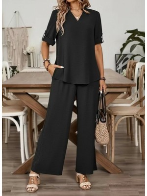 Kadın Kısa Kollu V Yakalı Aerobin Bluz ve Pantolon Ikili Takım