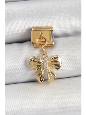 Pileli Store Pilelistore  316L Çelik Sallantılı Zirkon Taşlı Fiyonk Model Gold Renk Nomination Charm