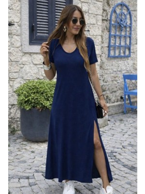 Kadın Kısa Kollu V Yakalı Maksi Boy Viskon Elbise