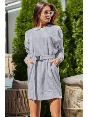 Kadın Uzun Kollu Bisiklet Yaka Kuşaklı Iki Iplik Elbise