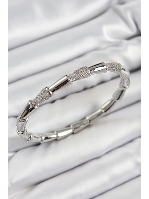 Pileli Store Pilelistore  Pirinç Zirkon Taşlı Kemik Model Gümüş Renk Vip Kadın Bileklik