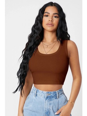 Pileli Store Kadın Kahverengi Kare Yaka Crop Top Bluz