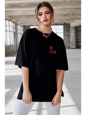 Pileli Store Baskılı Oversize T-Shirt - Siyah -