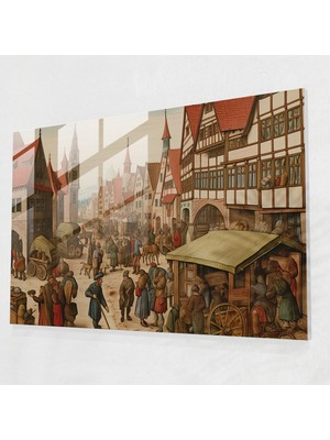 Popcasso Orta Çağ Çarşısı Temperli Cam Tablo - Modern Sanat Temalı Görsel