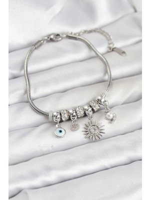 Pileli Store Pilelistore  Pirinç Gümüş Renk Güneş Charmlı Kadın Bileklik