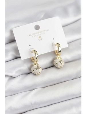 Pileli Store Pilelistore  Pirinç Gold Renk Topçuk Model Mineli Halka Kadın Küpe