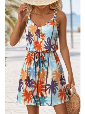 Kadını Askılı V Yakalı Duğme Detaylı Desenli Kısa Süprem Elbise