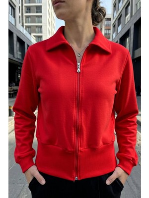 Evavi Kadın Kırmızı Fermuarlı Yakalı Sweatshirt