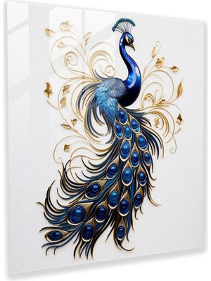 Popcasso Lacivert Tavus Kuşu Temperli Cam Tablo Tüyler Teması