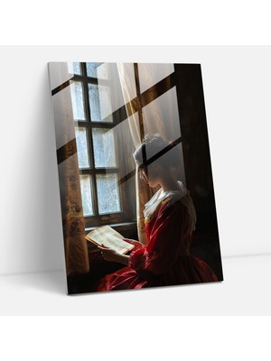 Popcasso Kadın Mektup Okur Temalı Modern Sanat Cam Tablosu - Johannes Vermeer Tarzında Dekorasyon
