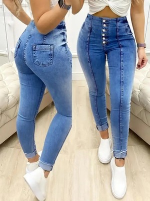 Kadın Yüksek Bel Önden Düğmeli Jean Pantolon