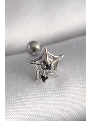 Pileli Store Pilelistore  316L Çelik Gümüş Renk Siyah Zirkon Taş Detay Örümcek Ağ Model Tragus Piercing