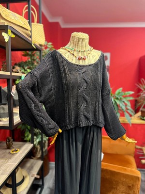 Yılday Gür Butik Örgü Detaylı Salaş Triko Kazak - S-Xl