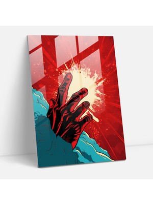 Popcasso Korku Temalı Temperli Cam Tablo: Çizgi Roman Tarzında Kan Kırmızısı El Figürü Duvar Dekoru