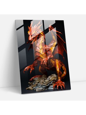 Popcasso Modern Sanat Origami Duvar Dekorasyonu - Alevli Renkler ile Ejderha Tasarımı