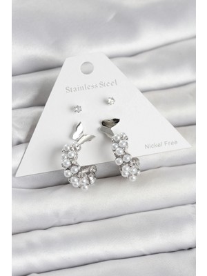 Pileli Store Pilelistore  Pirinç Gümüş Renk Kelebek Detaylı Kadın Küpe Seti