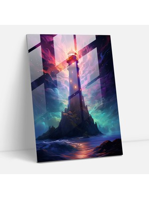 Popcasso Gelecek Temalı Deniz Feneri Cam Tablosu - Modern Sanat ile Dijital Rendeleme Uygulamasıyla Hazırlanmış Cam Duvar Tablosu