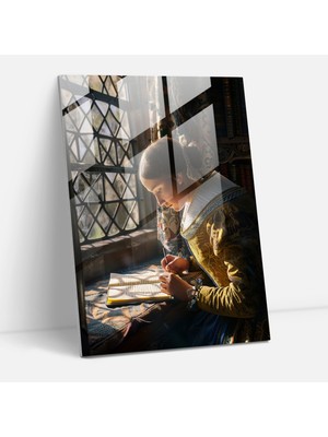 Popcasso Kadın Mektup Yazarken Cam Tablo Sanatı - Johannes Vermeer Duvar Dekorasyonu