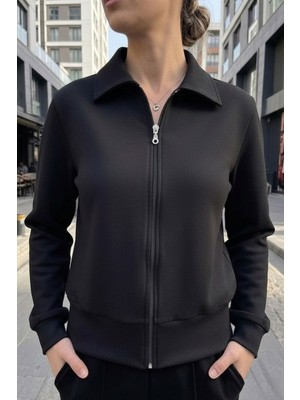 Evavi Kadın Siyah Fermuarlı Yakalı Sweatshirt