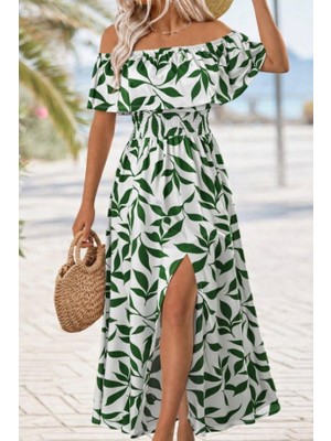 Kadın Madonna Yaka Göğüs Lastikli Yırtmaçlı Uzun Desenli Süprem Elbise